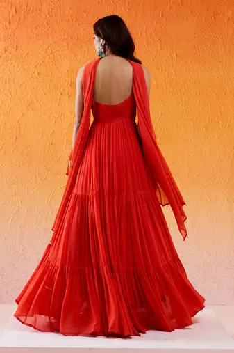 Red viscose georgette hand embroidery anarkali with dupatta