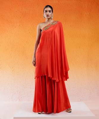 Red one shoulder embroidered dress with flared palazzos 1