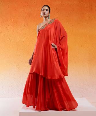 Red one shoulder embroidered dress with flared palazzos 2