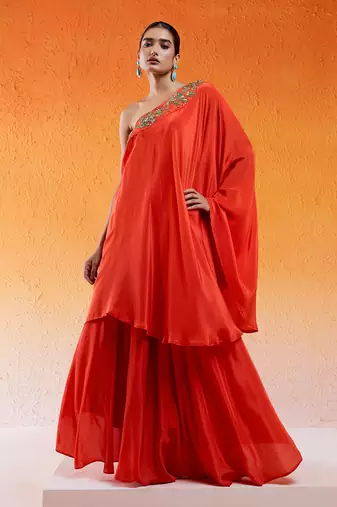 Red one shoulder embroidered dress with flared palazzos