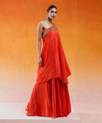 Red one shoulder embroidered dress with flared palazzos 3