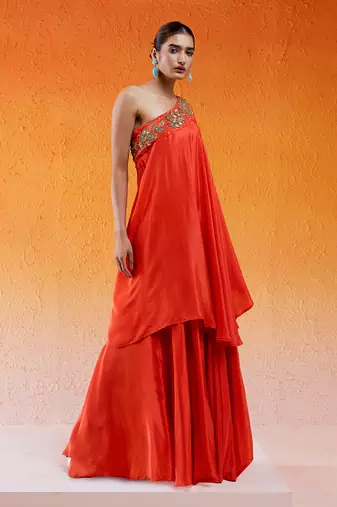 Red one shoulder embroidered dress with flared palazzos