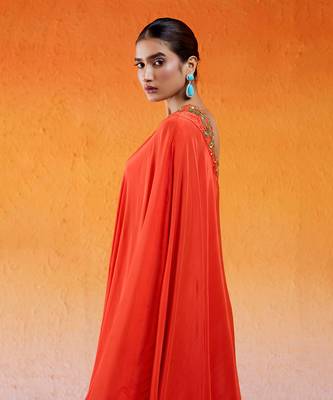 Red one shoulder embroidered dress with flared palazzos 4