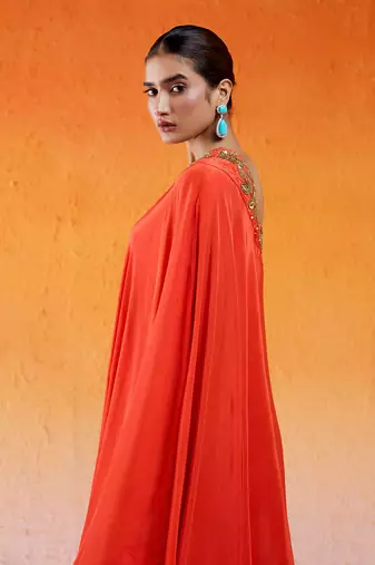 Red one shoulder embroidered dress with flared palazzos