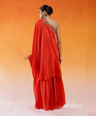 Red one shoulder embroidered dress with flared palazzos 5
