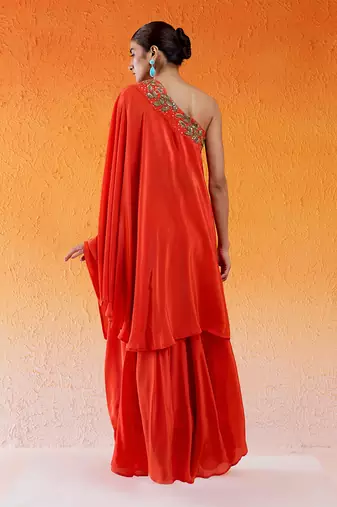 Red one shoulder embroidered dress with flared palazzos