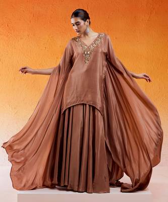 Brown viscose natural crepe hand embroidered sharara set 1