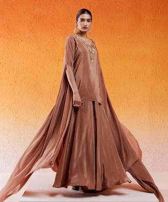 Brown viscose natural crepe hand embroidered sharara set 2