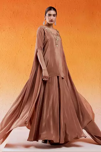 Brown viscose natural crepe hand embroidered sharara set