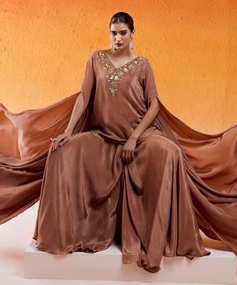Brown viscose natural crepe hand embroidered sharara set 3