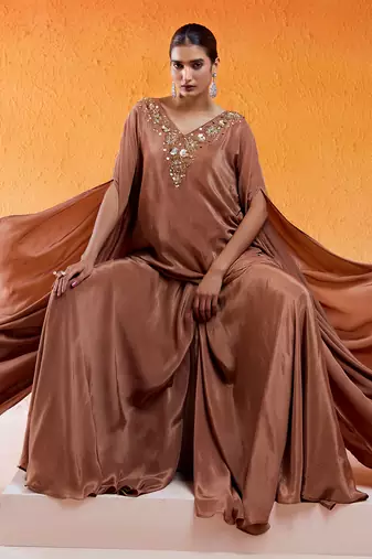 Brown viscose natural crepe hand embroidered sharara set