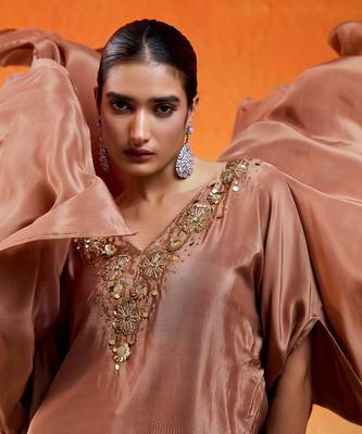 Brown viscose natural crepe hand embroidered sharara set 4