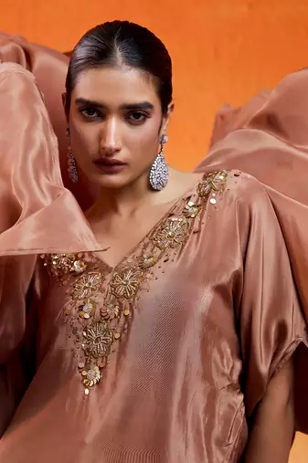 Brown viscose natural crepe hand embroidered sharara set