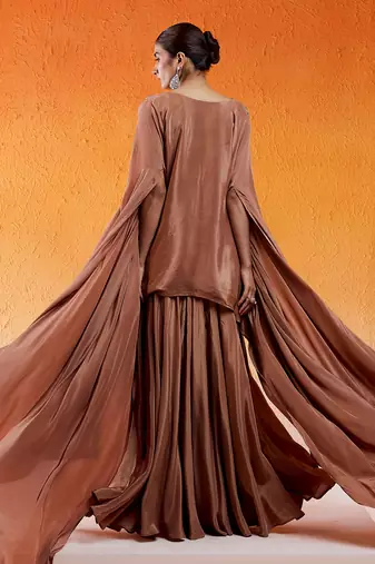 Brown viscose natural crepe hand embroidered sharara set