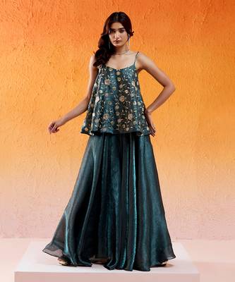 Metallic teal blue peplum sharara set 1