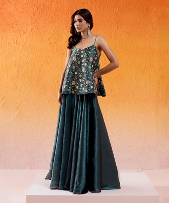 Metallic teal blue peplum sharara set 2