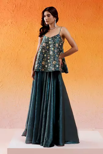 Metallic teal blue peplum sharara set