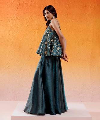 Metallic teal blue peplum sharara set 3