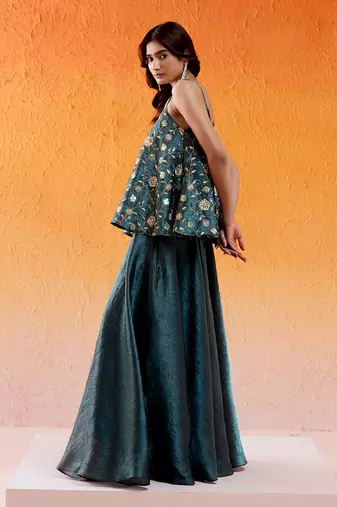 Metallic teal blue peplum sharara set