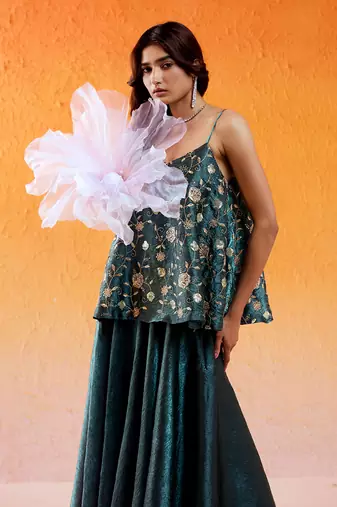 Metallic teal blue peplum sharara set