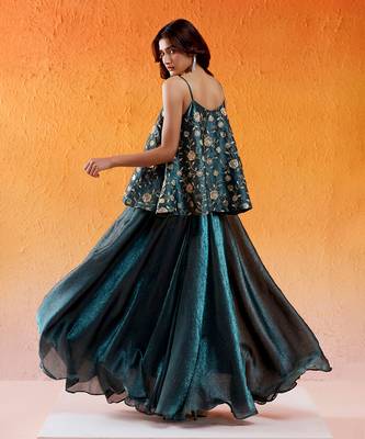 Metallic teal blue peplum sharara set 5