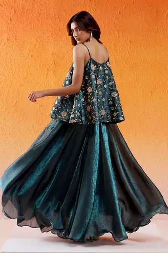Metallic teal blue peplum sharara set