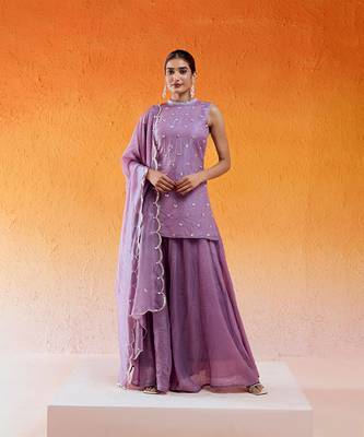 Purple crushed organza hand embroidered cutdana closed neck kurta sharara set 1