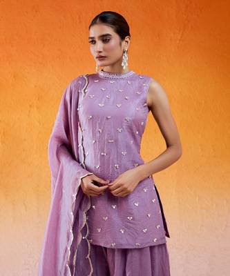 Purple crushed organza hand embroidered cutdana closed neck kurta sharara set 2