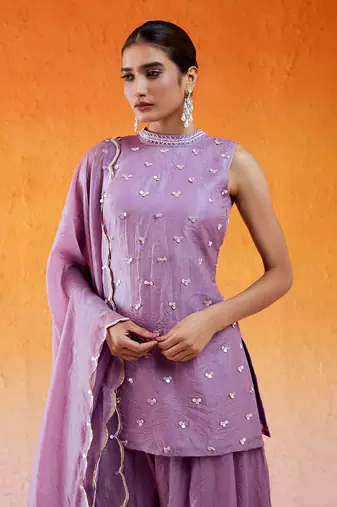 Purple crushed organza hand embroidered cutdana closed neck kurta sharara set
