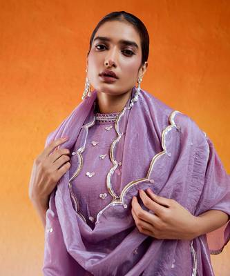 Purple crushed organza hand embroidered cutdana closed neck kurta sharara set 3