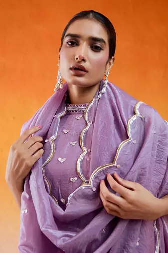 Purple crushed organza hand embroidered cutdana closed neck kurta sharara set