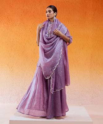 Purple crushed organza hand embroidered cutdana closed neck kurta sharara set 4