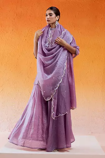 Purple crushed organza hand embroidered cutdana closed neck kurta sharara set
