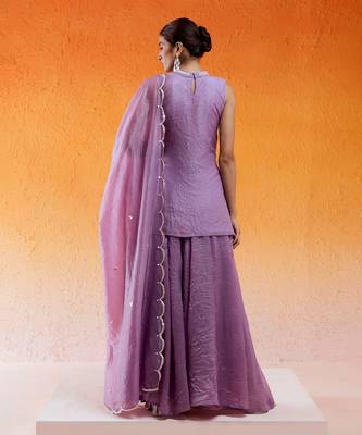 Purple crushed organza hand embroidered cutdana closed neck kurta sharara set 5