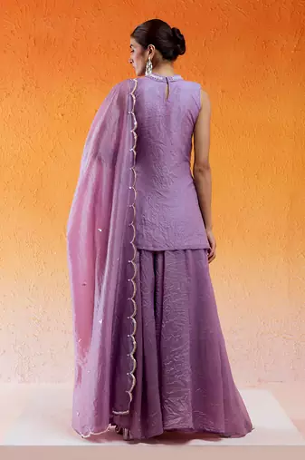 Purple crushed organza hand embroidered cutdana closed neck kurta sharara set