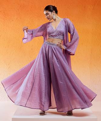 Purple crushed organza hand embroidered pant set 1