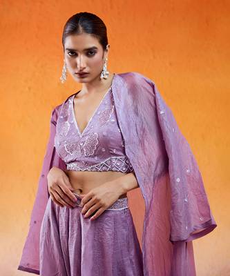 Purple crushed organza hand embroidered pant set 2