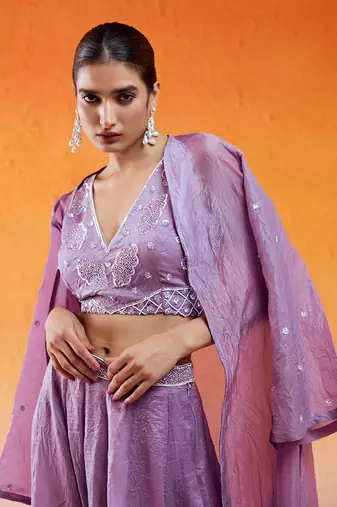 Purple crushed organza hand embroidered pant set