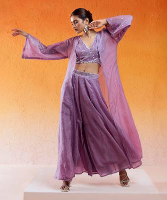 Purple crushed organza hand embroidered pant set 3
