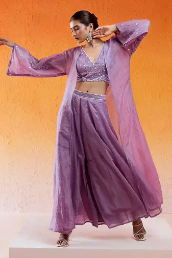Purple crushed organza hand embroidered pant set