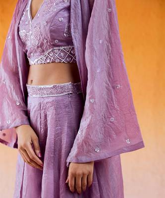 Purple crushed organza hand embroidered pant set 4