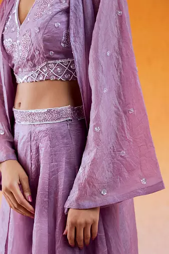 Purple crushed organza hand embroidered pant set