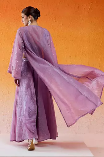 Purple crushed organza hand embroidered pant set