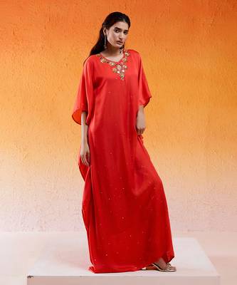 Red viscose modal satin hand embroidery kaftan 1