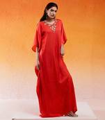Red viscose modal satin hand embroidery kaftan