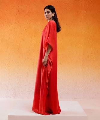 Red viscose modal satin hand embroidery kaftan 2