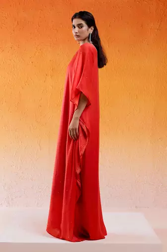 Red viscose modal satin hand embroidery kaftan