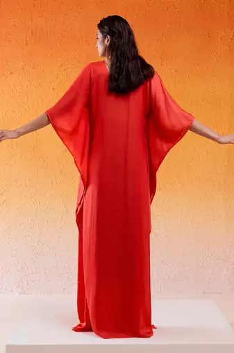 Red viscose modal satin hand embroidery kaftan