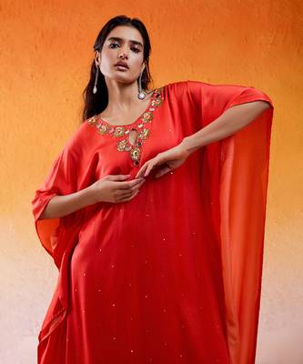 Red viscose modal satin hand embroidery kaftan 4