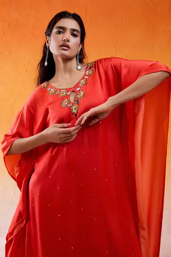 Red viscose modal satin hand embroidery kaftan